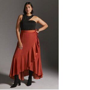 new Anthropologie Maeve Ruffled Wrap Maxi Skirt dark orange plus size 1x